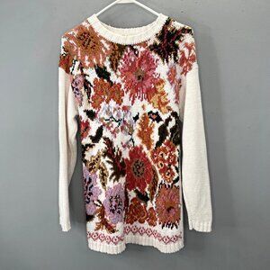 Vintage Rachel Max Chunky Floral Tunic Sweater M Cottagecore Cream Mustard Pink